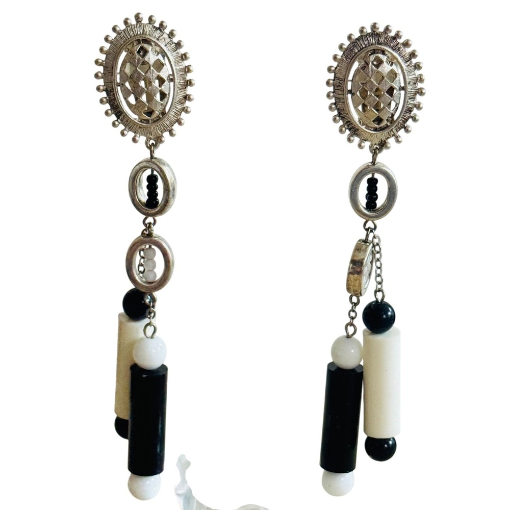 VTG 80s Runway Chunky‎ clip MOD Earrings Statement Retro silver dangle lucite